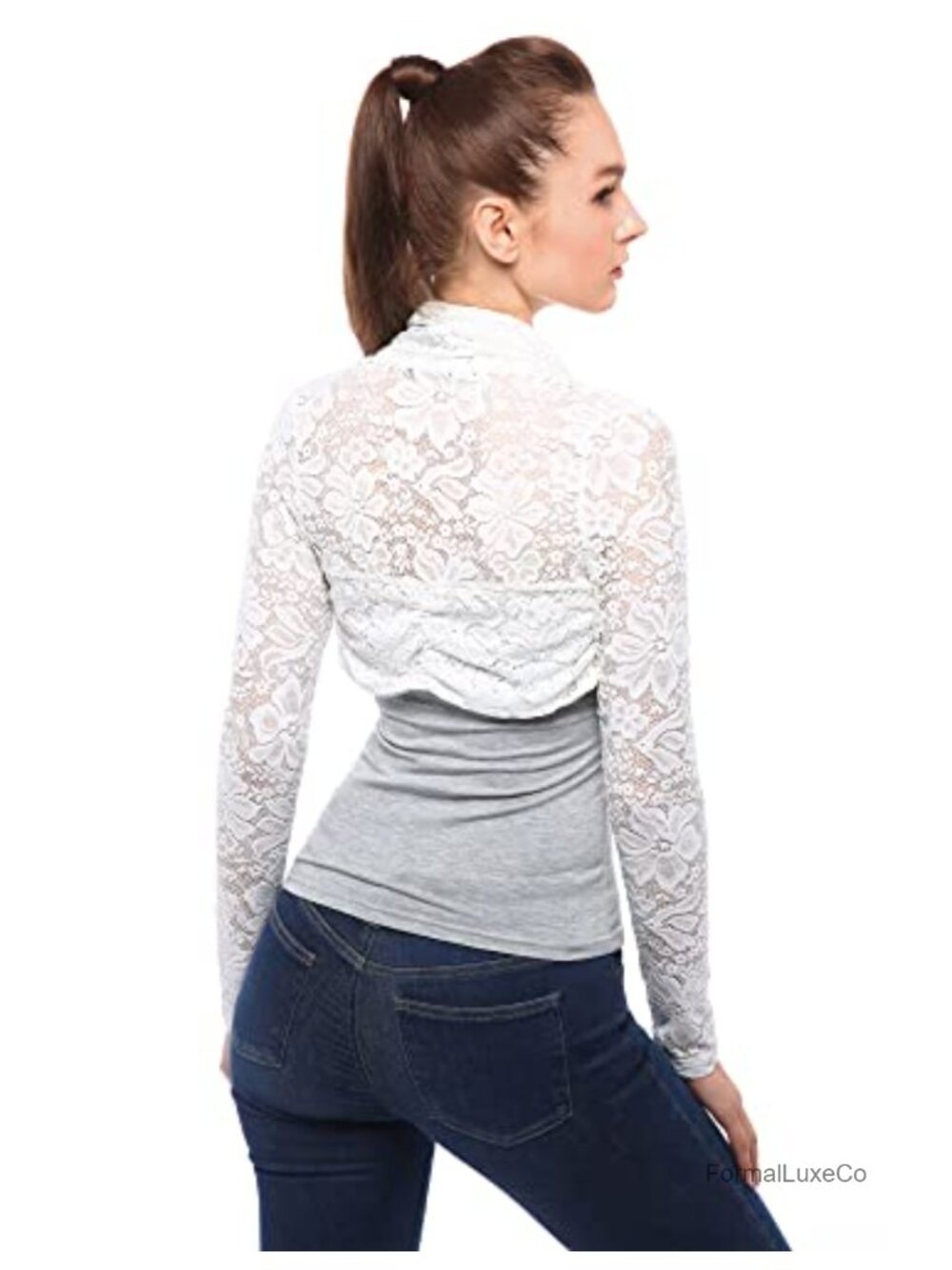 Women Full Lace Cropped Cardigan Bolero Shrug Long Sleeve